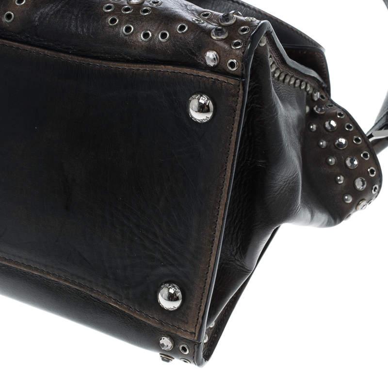 Prada Vitello Vintage Leather Eyelet Crystal Embellished Top Handle Bag For Sale 6
