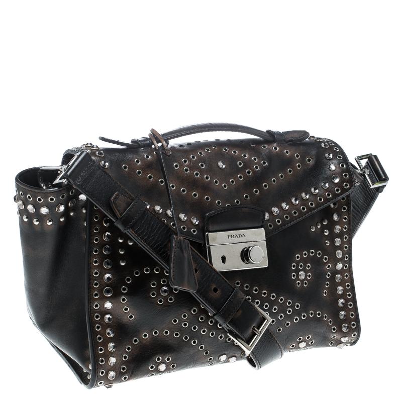 Black Prada Vitello Vintage Leather Eyelet Crystal Embellished Top Handle Bag