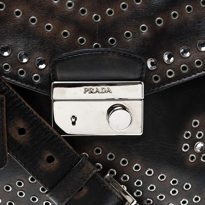 Women's Prada Vitello Vintage Leather Eyelet Crystal Embellished Top Handle Bag