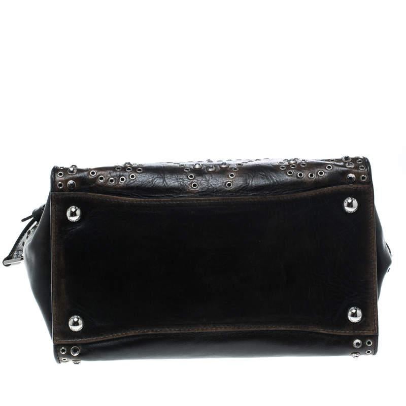 Prada Vitello Vintage Leather Eyelet Crystal Embellished Top Handle Bag For Sale 2
