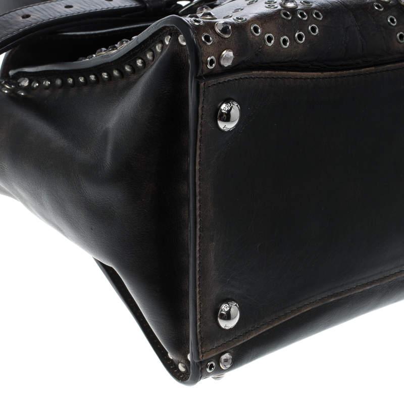 Prada Vitello Vintage Leather Eyelet Crystal Embellished Top Handle Bag For Sale 5
