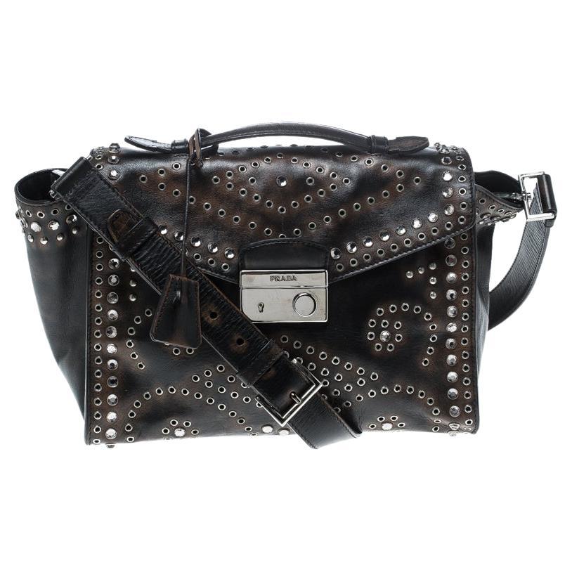 Prada Vitello Vintage Leather Eyelet Crystal Embellished Top Handle Bag