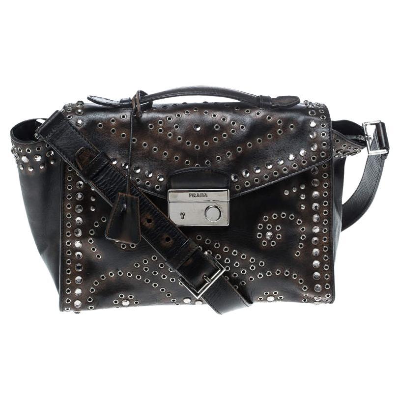 Prada Vitello Vintage Leather Eyelet Crystal Embellished Top Handle Bag For Sale