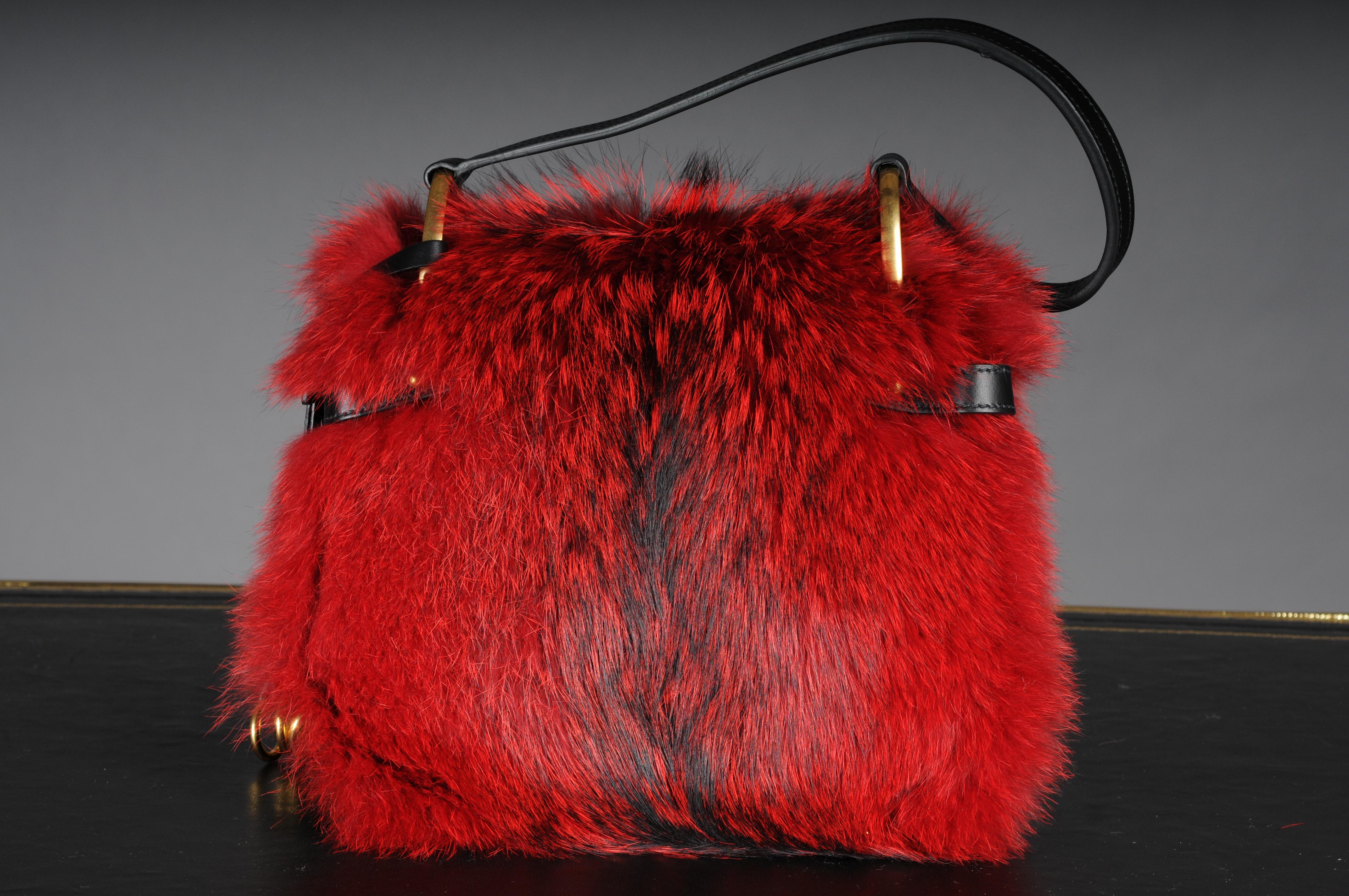 Women's or Men's PRADA VOLPETTA CITY CORSAIRE FOX FUR/CALF LEATHER bag Red Authentic For Sale
