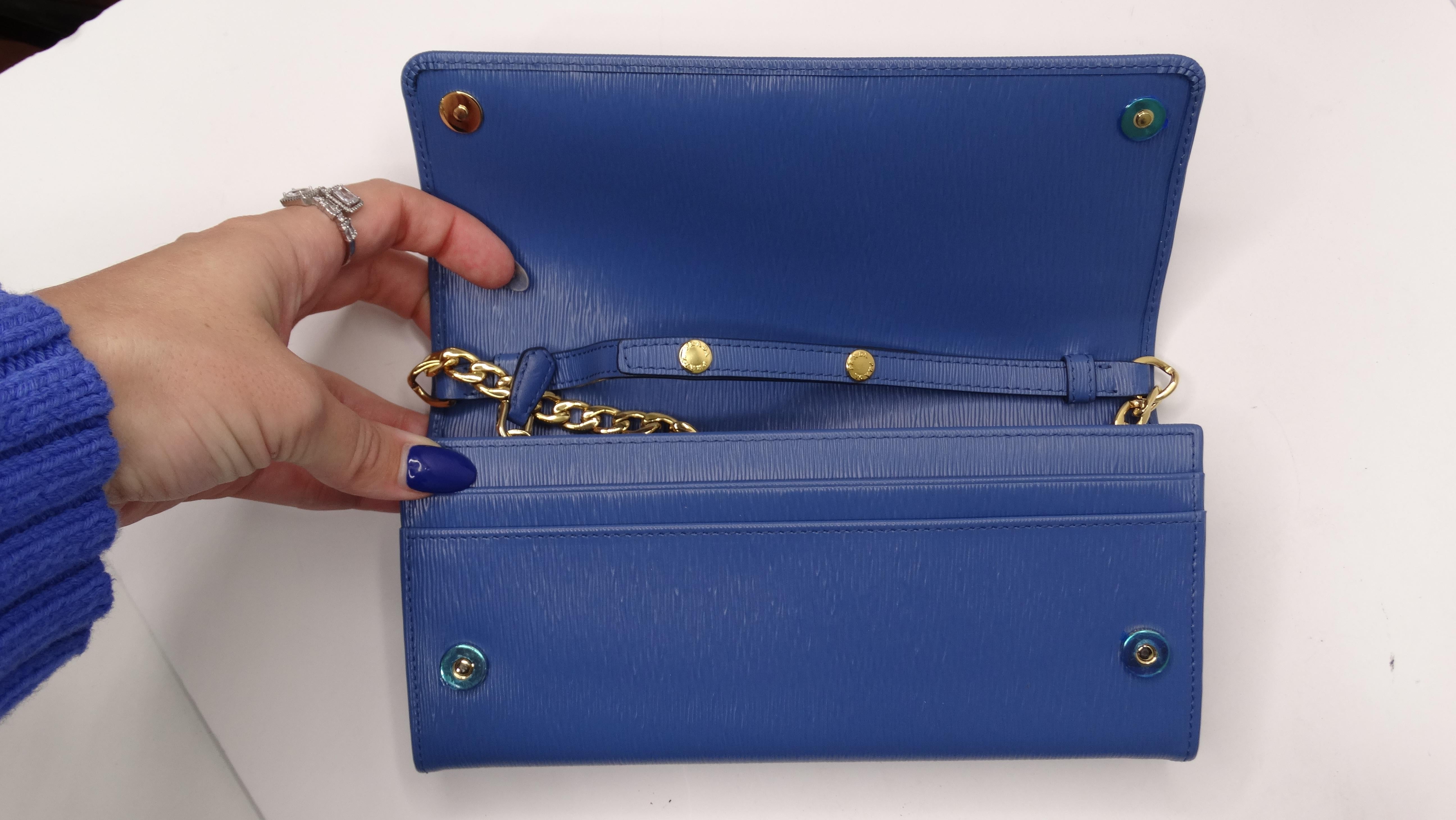 Prada Wallet on Chain Blue Vitello Move Long In Excellent Condition In Scottsdale, AZ
