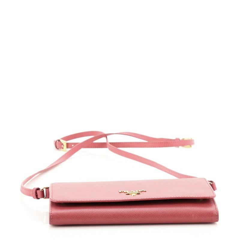Pink Prada Wallet on Strap Saffiano Leather Small
