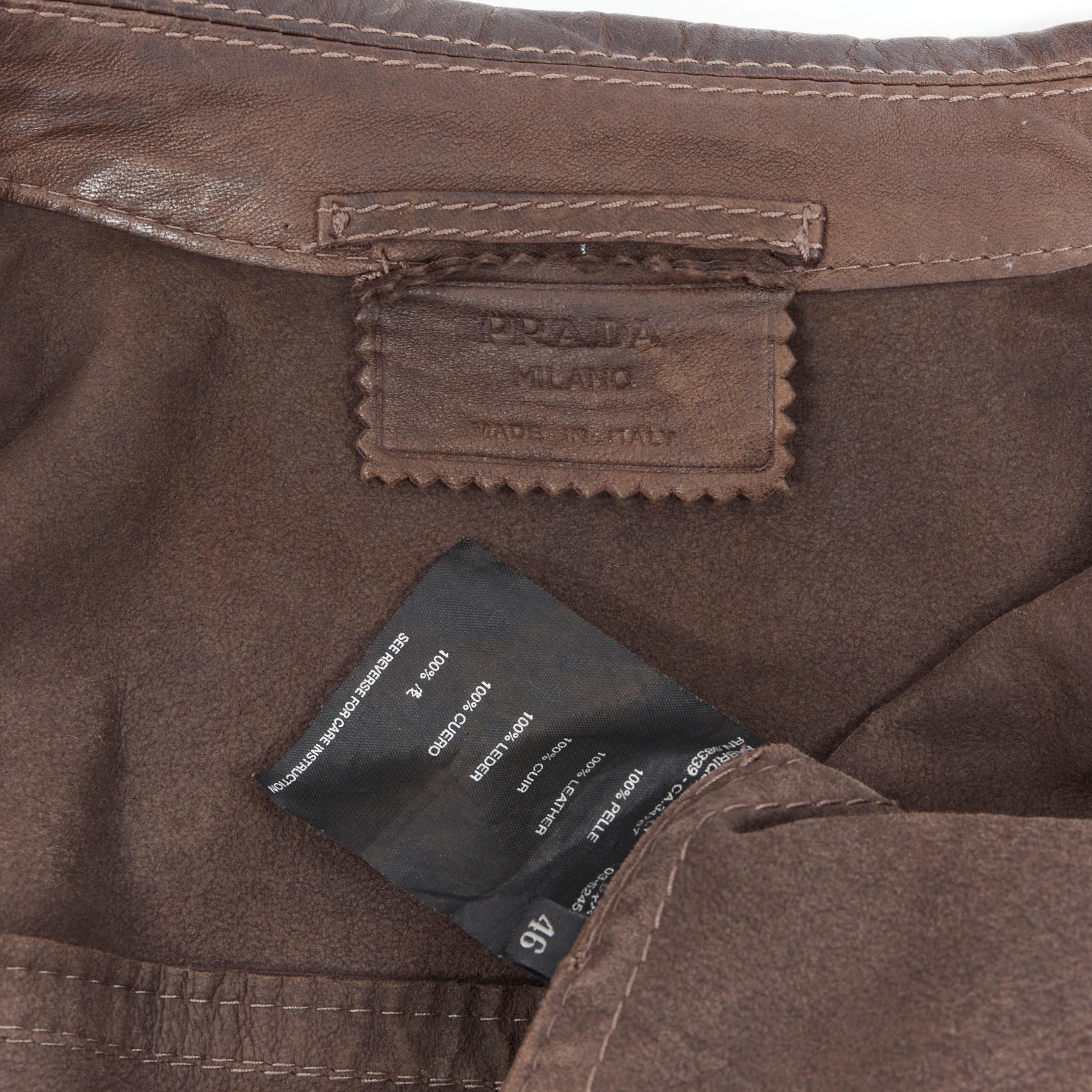 PRADA washed brown leather flap pocket collared zip flight jacket IT46 S 5