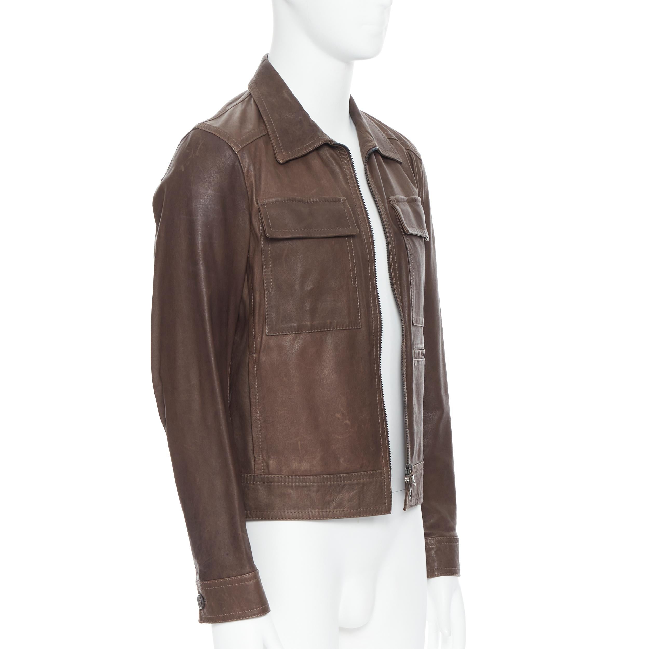 Black PRADA washed brown leather flap pocket collared zip flight jacket IT46 S