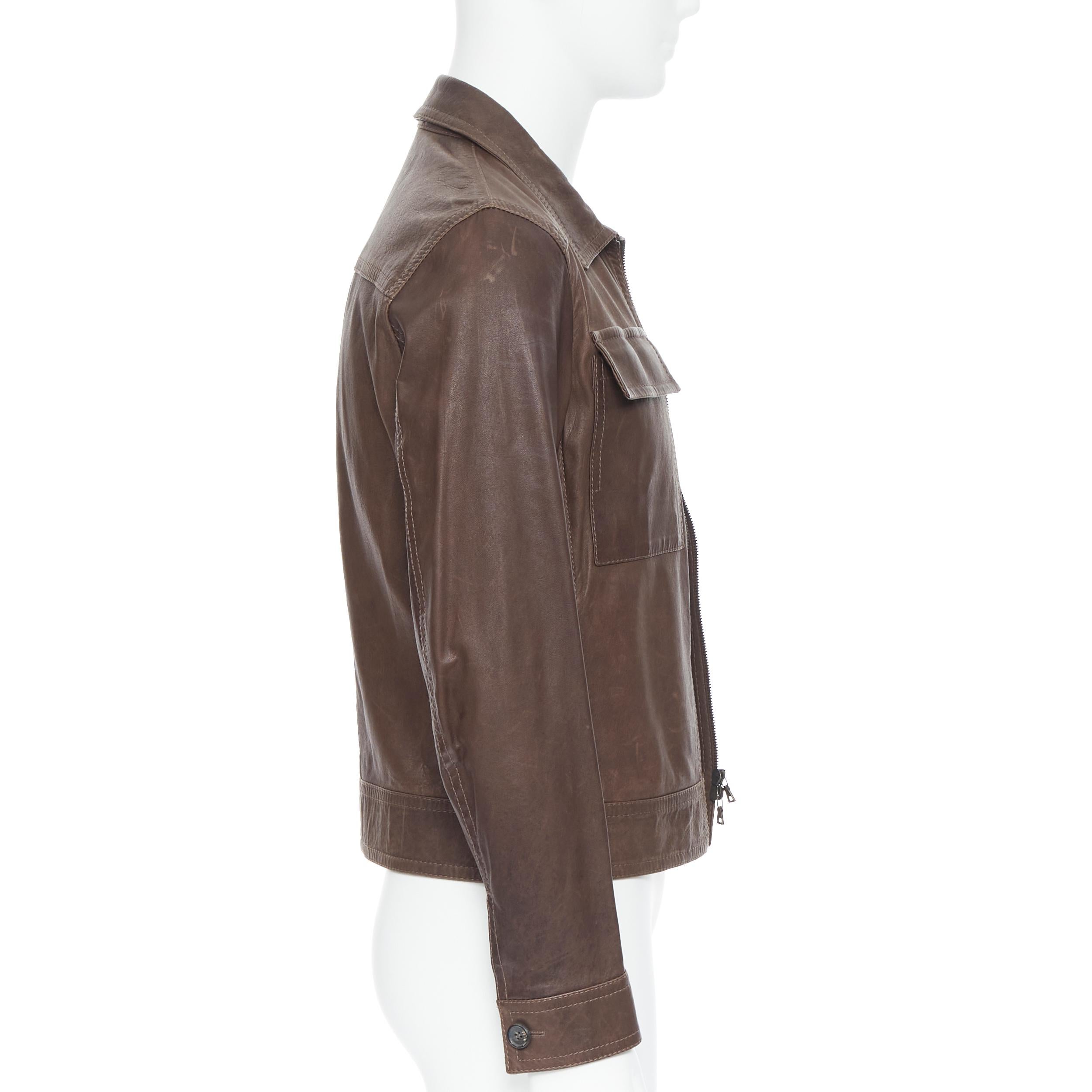 PRADA washed brown leather flap pocket collared zip flight jacket IT46 S In Good Condition In Hong Kong, NT