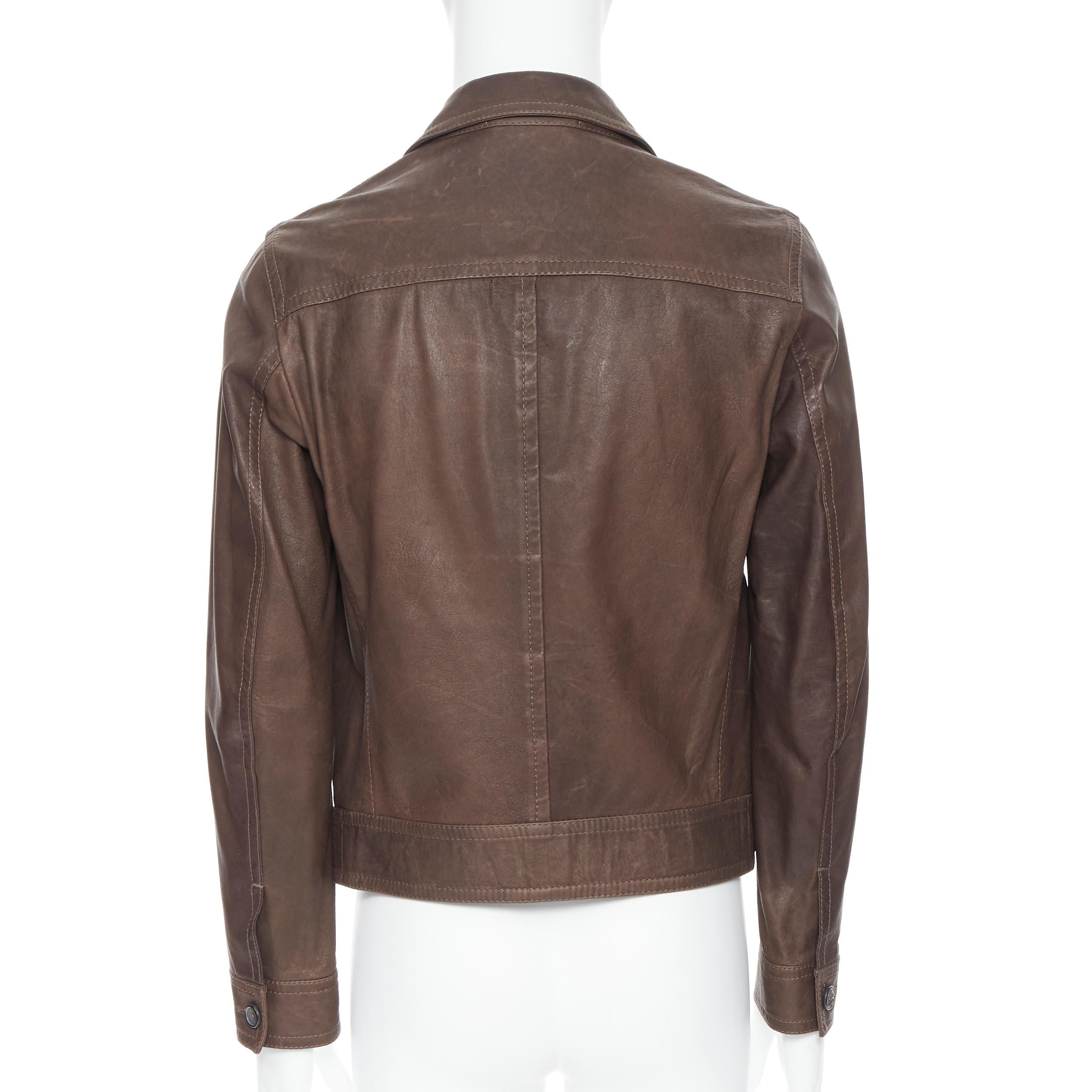Men's PRADA washed brown leather flap pocket collared zip flight jacket IT46 S