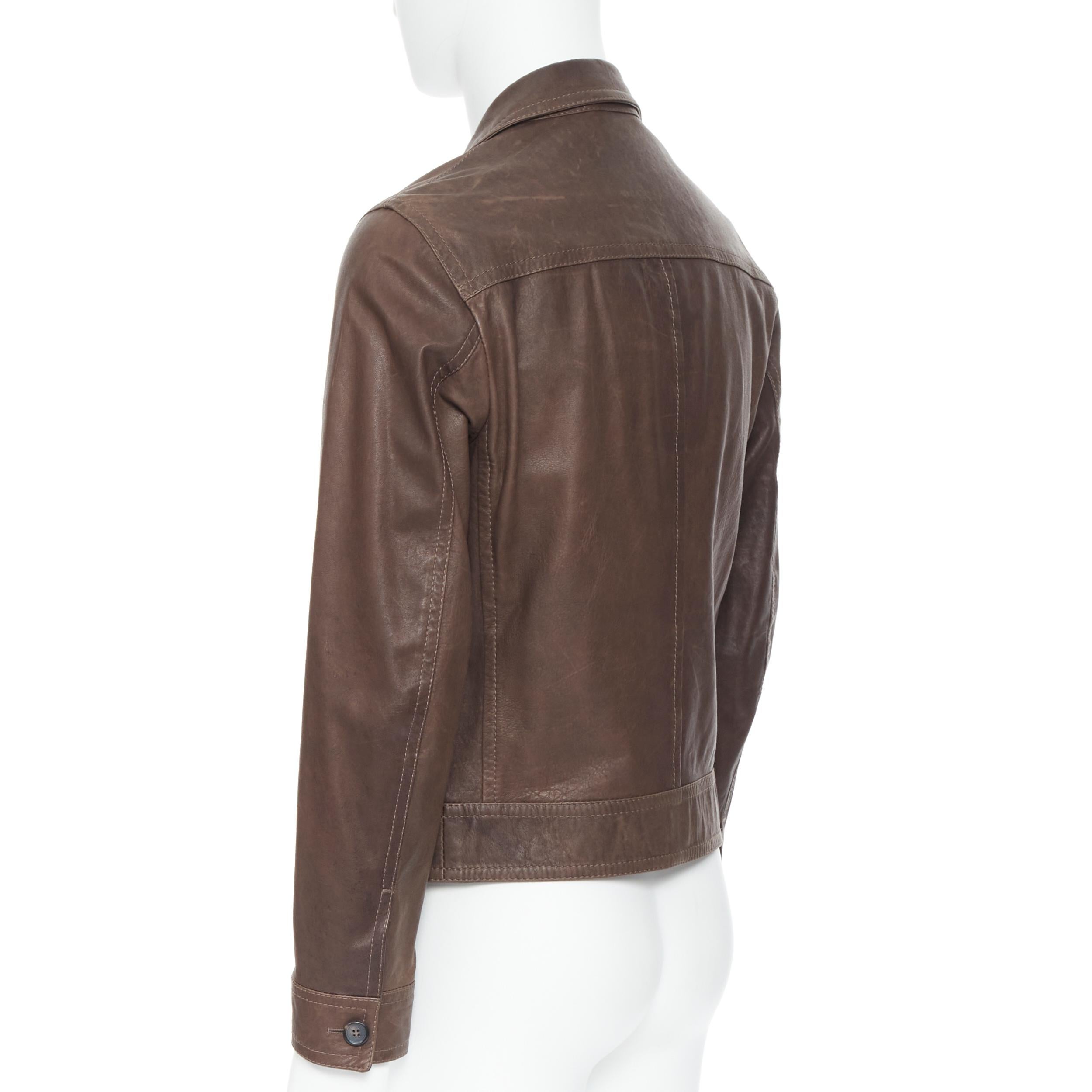 PRADA washed brown leather flap pocket collared zip flight jacket IT46 S 1