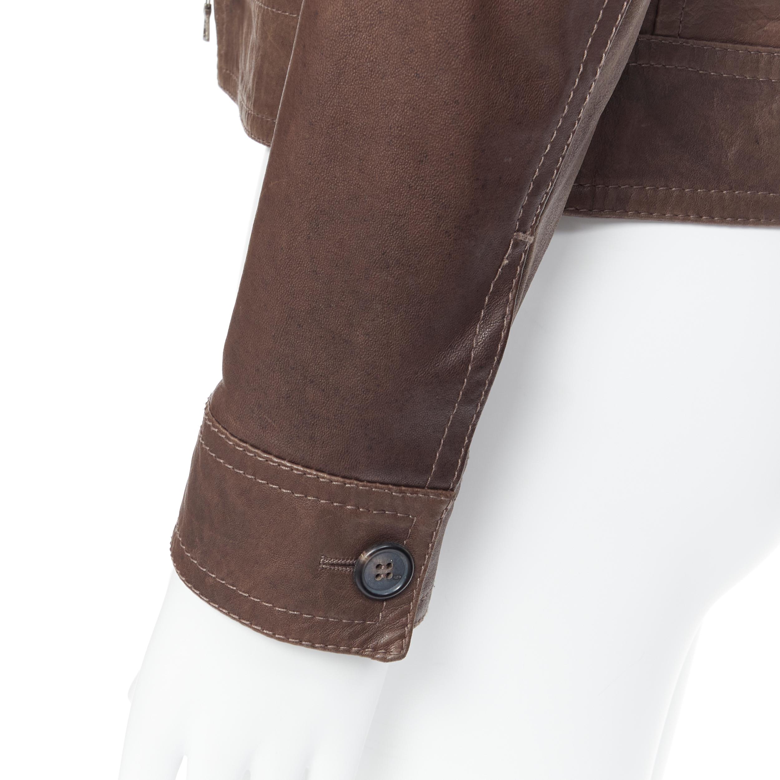 PRADA washed brown leather flap pocket collared zip flight jacket IT46 S 2