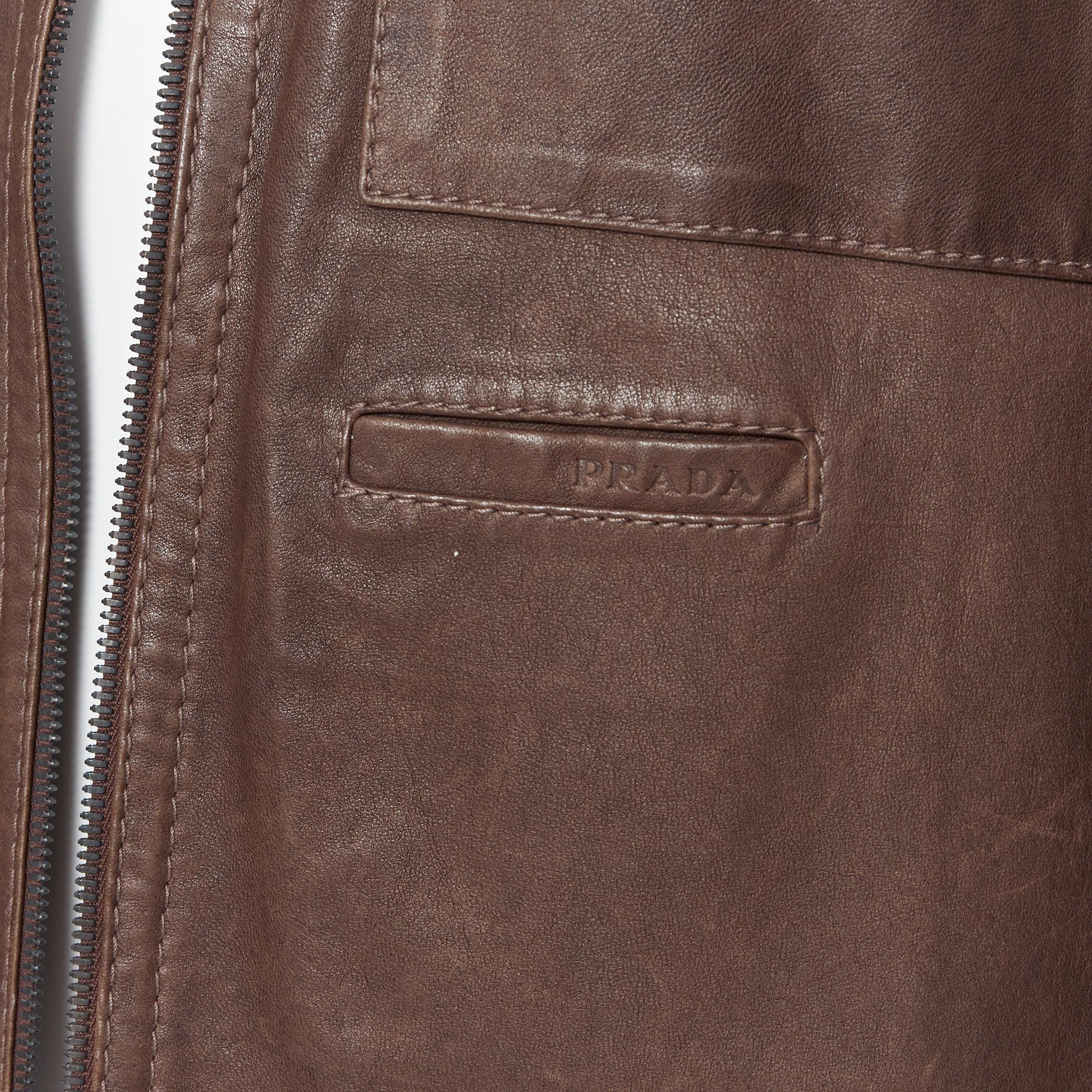 PRADA washed brown leather flap pocket collared zip flight jacket IT46 S 3