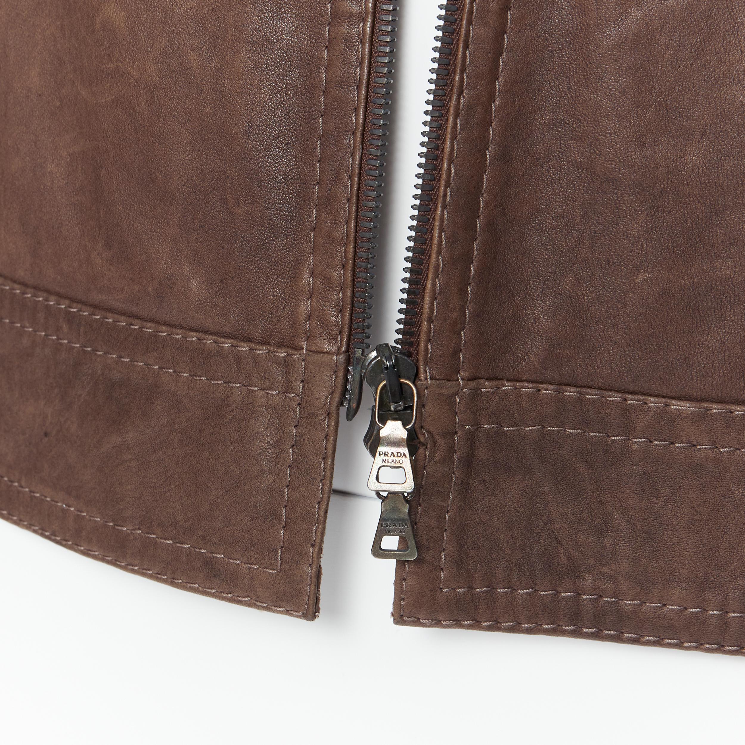 PRADA washed brown leather flap pocket collared zip flight jacket IT46 S 4