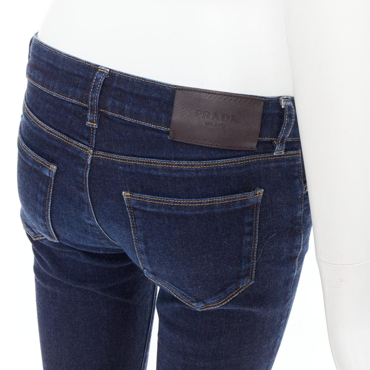 PRADA washed dark blue contour fit cropped skinny jeans XS
Reference: NILI/A00097
Brand: Prada
Designer: Miuccia Prada
Material: Denim
Color: Blue
Pattern: Solid
Closure: Zip Fly
Extra Details: Logo at back.

CONDITION:
Condition: Very good, this