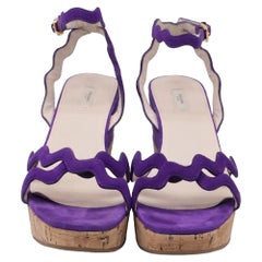 Prada Wavy Strap Accent Wedge Sandals in Violet Suede