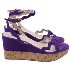 Prada Wavy Strap Accent Wedge Sandals in Violet Suede