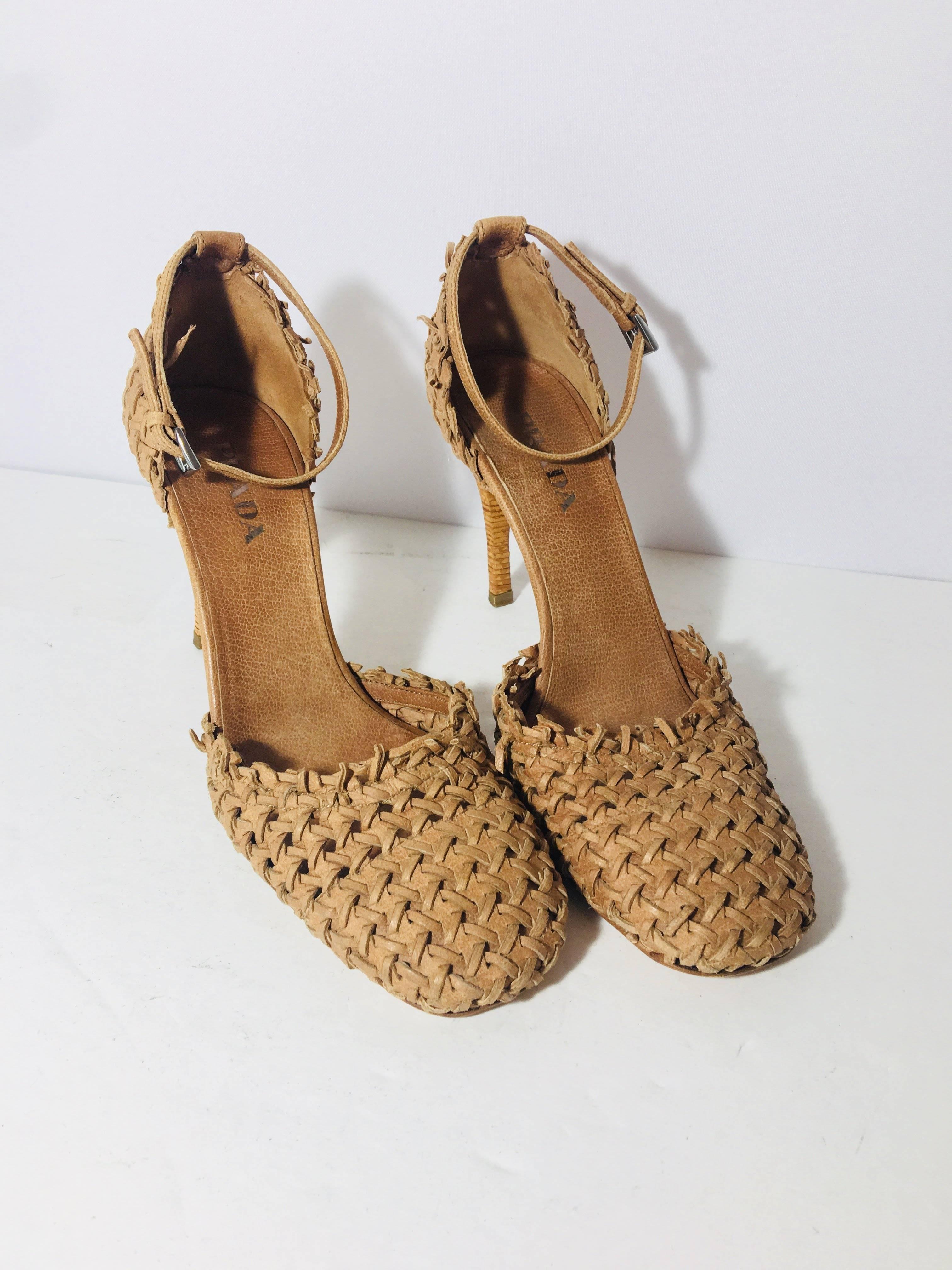 Prada Ankle Strap Woven Leather Closed Toe Heels in Camel.