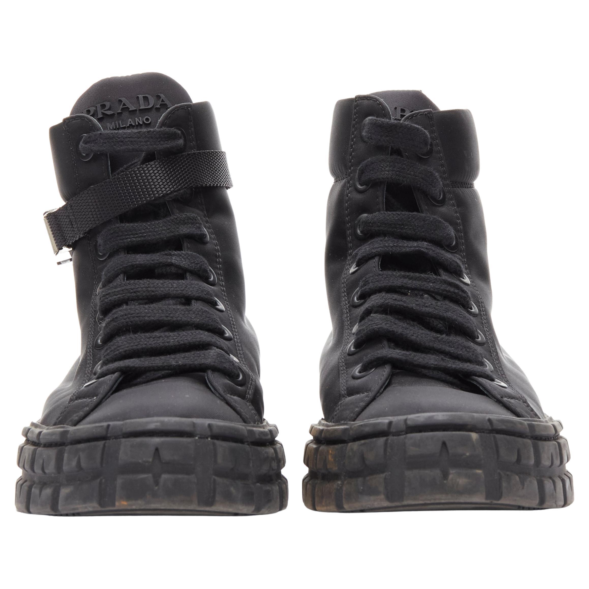 Women's PRADA Wheel black Tessuto nylon silver buckle strap high top sneaker EU37.5