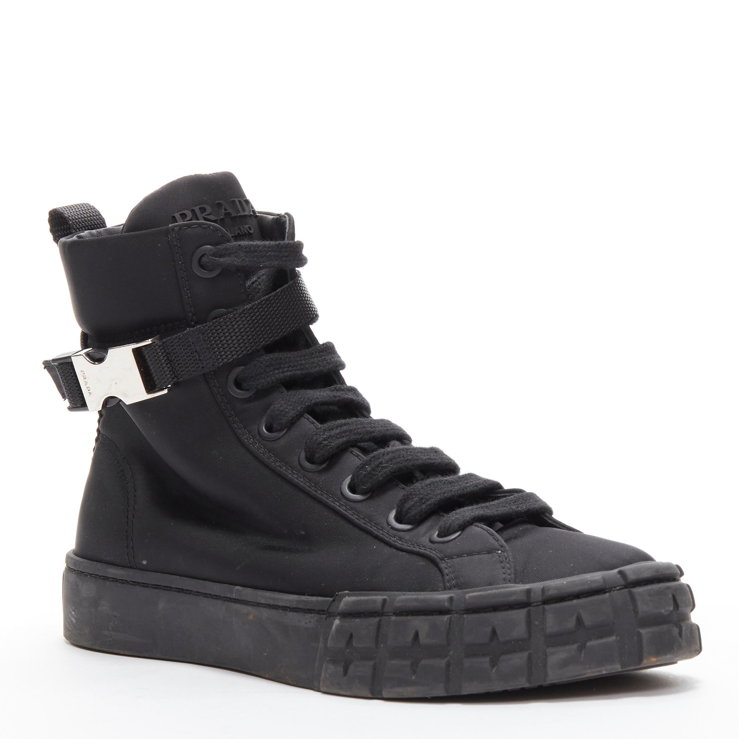 PRADA Wheel black Tessuto nylon silver buckle strap high top sneaker EU37.5 In Fair Condition In Hong Kong, NT