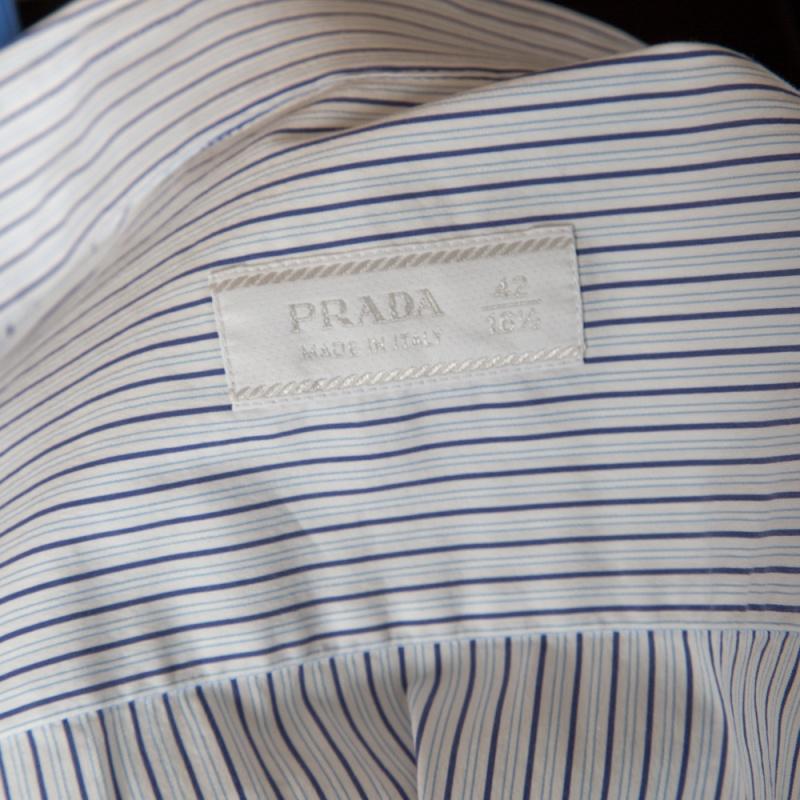 Prada White and Blue Striped Button Front Long Sleeve Shirt XL In Good Condition In Dubai, Al Qouz 2
