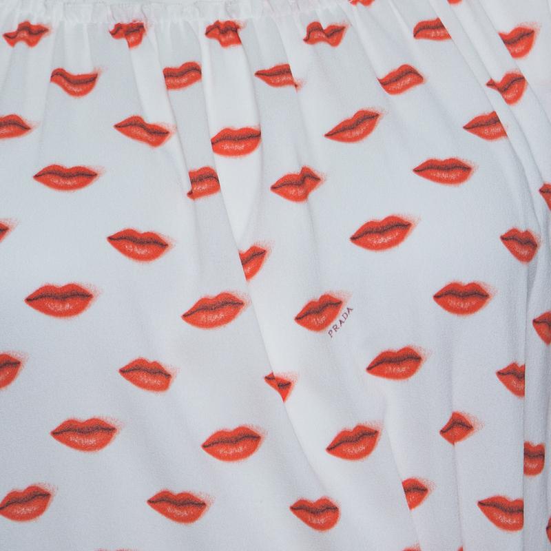 Gray Prada White and Red Lip Print Pleated Waist Tie Detail Dress S