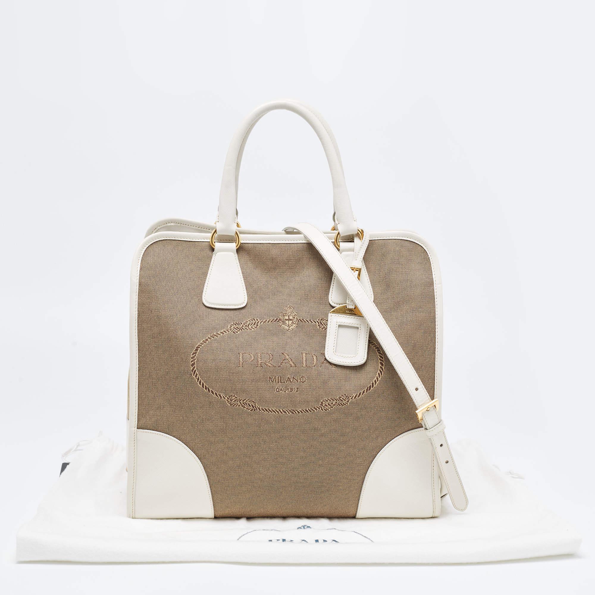 Prada White/Beige Canvas and Saffiano Leather Large Convertible Tote 10