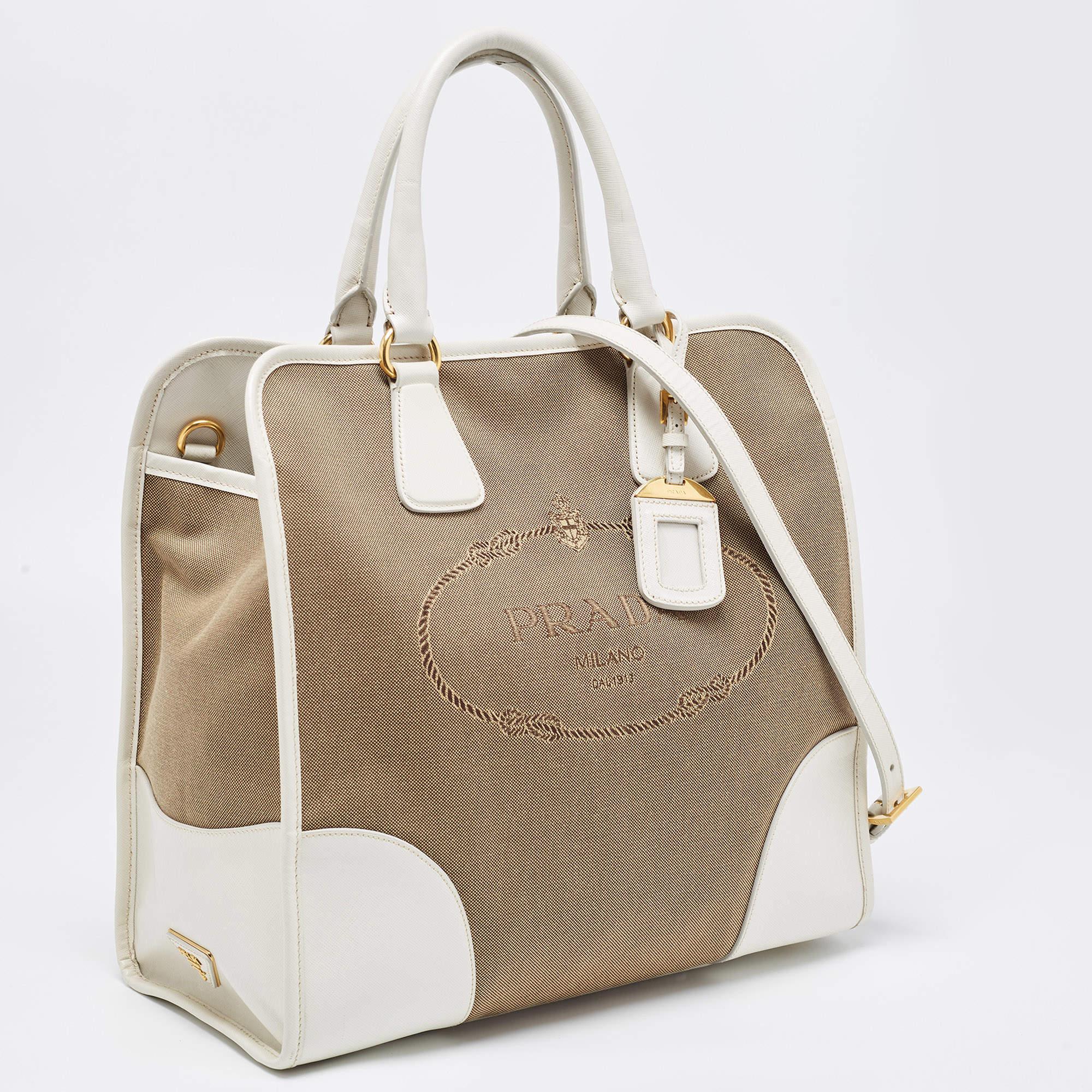 Women's Prada White/Beige Canvas and Saffiano Leather Large Convertible Tote