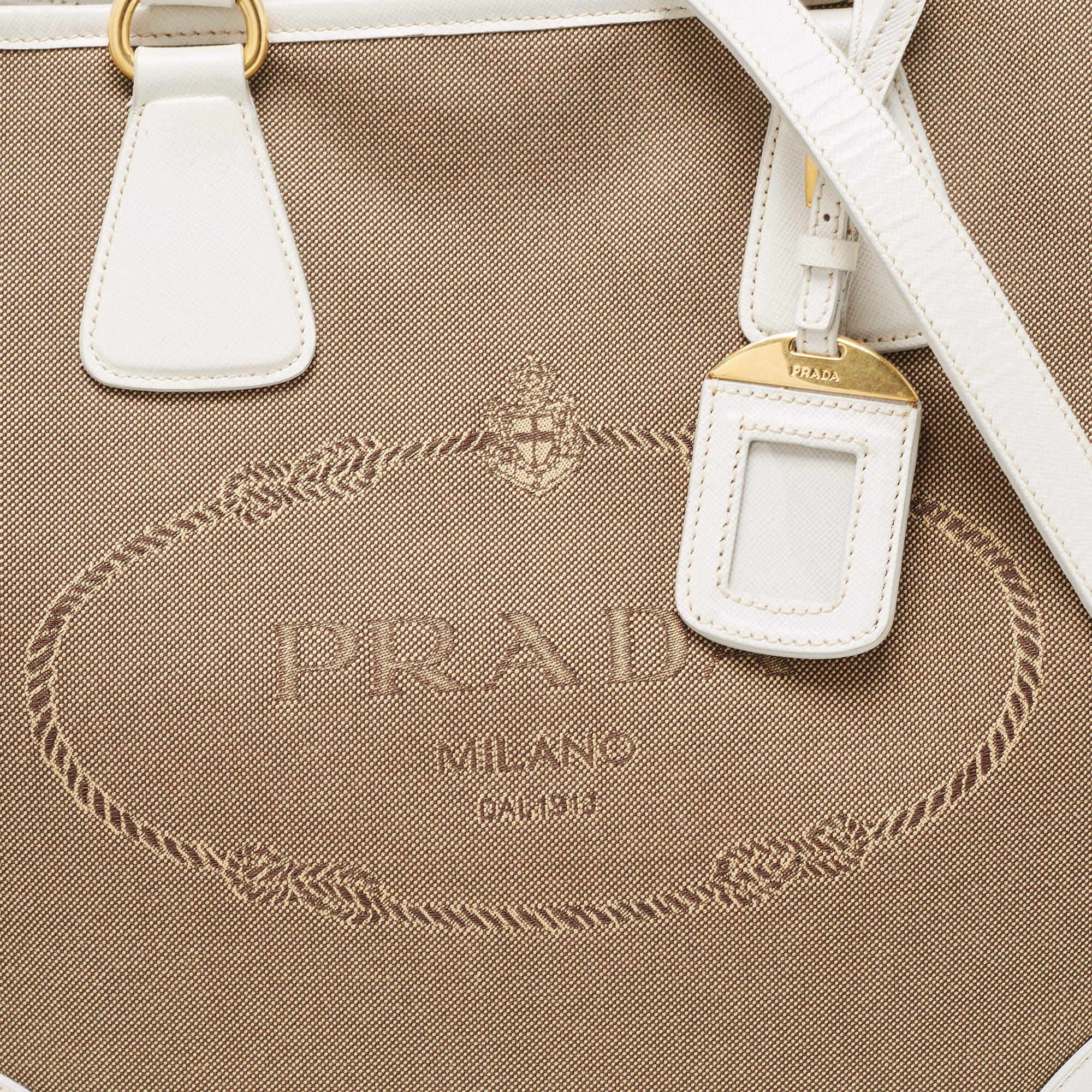 Prada White/Beige Canvas and Saffiano Leather Large Convertible Tote 4
