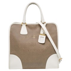 Prada White/Beige Canvas and Saffiano Leather Large Convertible Tote