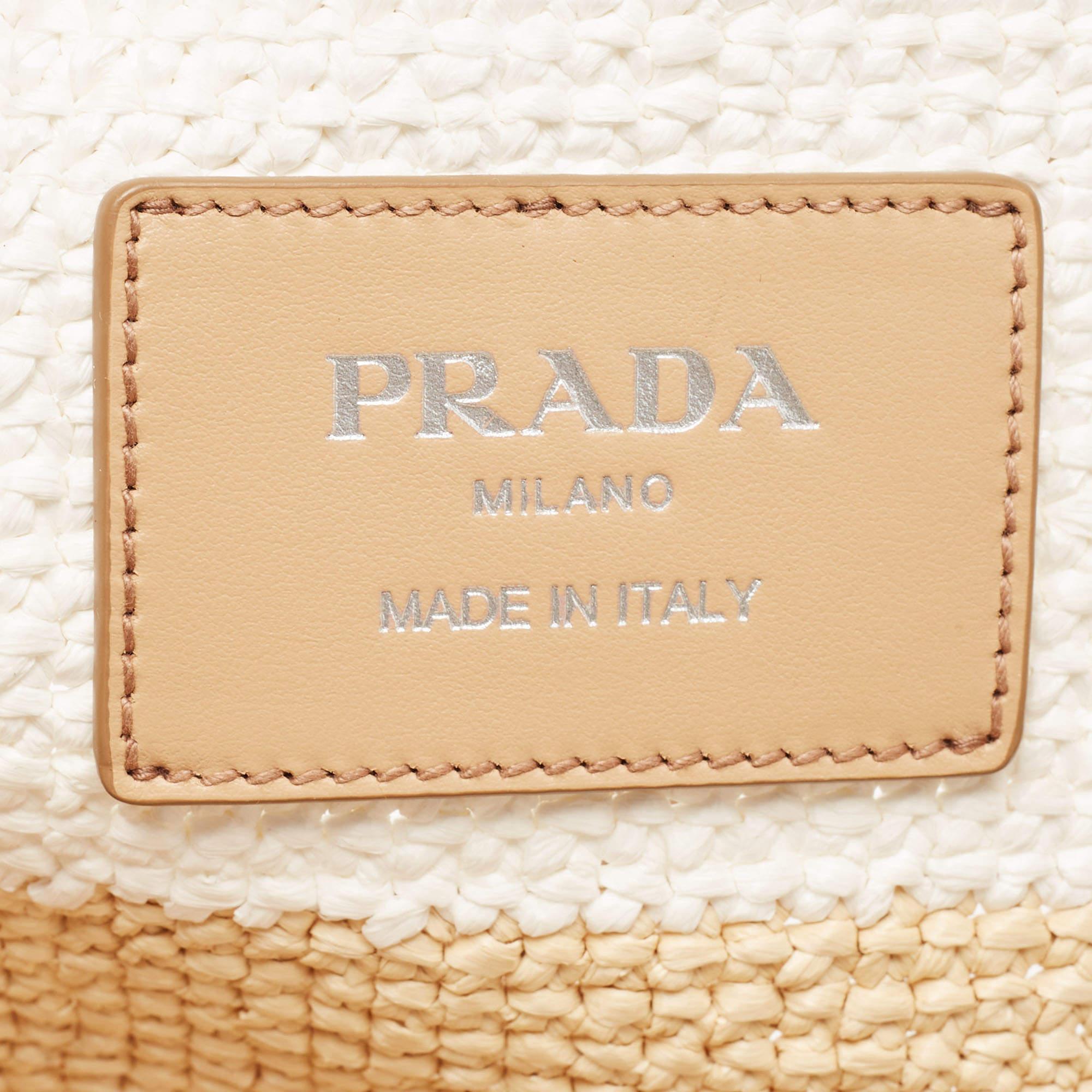 Prada White/Beige Crochet Straw and Leather Tote 6
