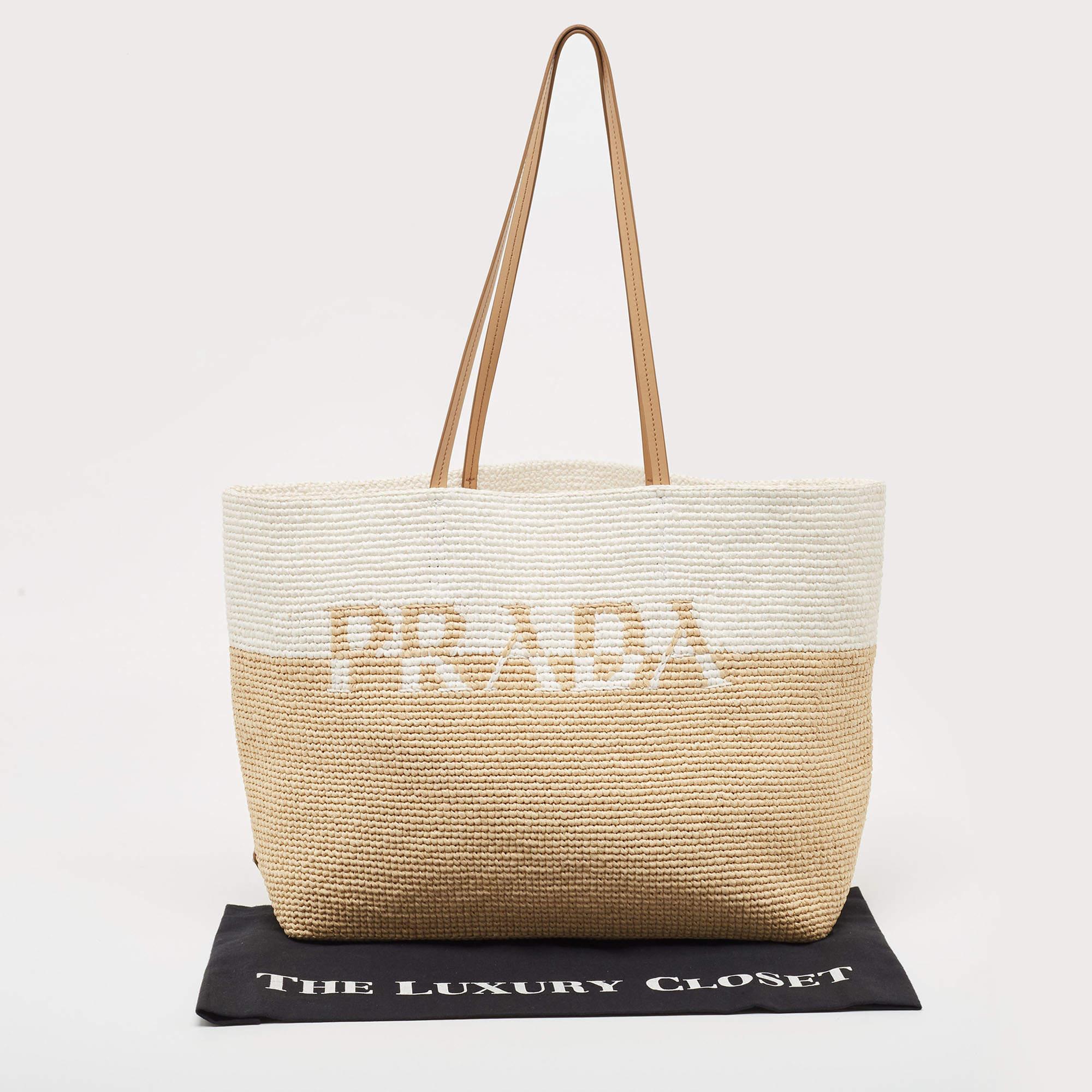 Prada White/Beige Crochet Straw and Leather Tote 8