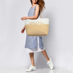 Prada White/Beige Crochet Straw and Leather Tote