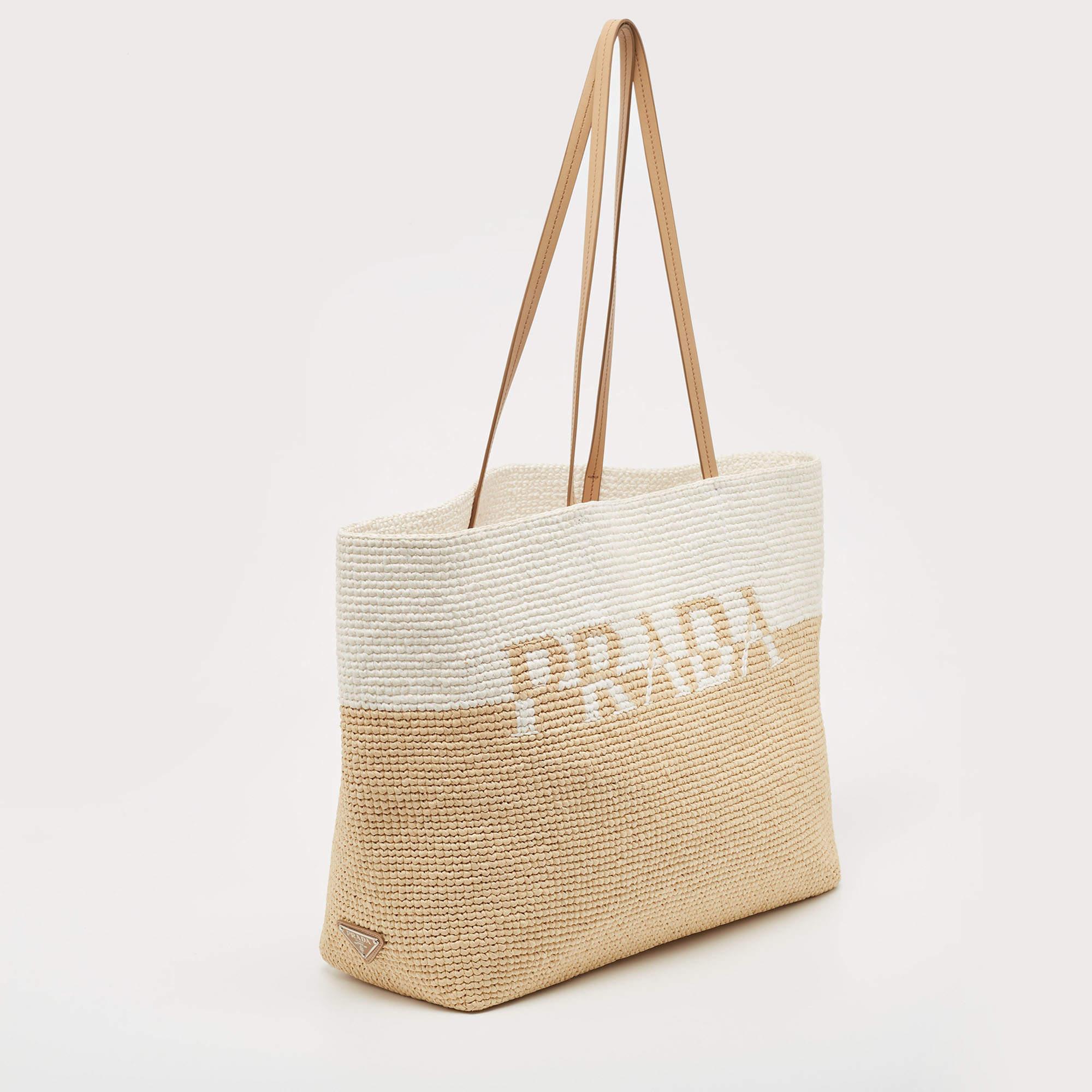 Prada White/Beige Crochet Straw and Leather Tote In Good Condition In Dubai, Al Qouz 2