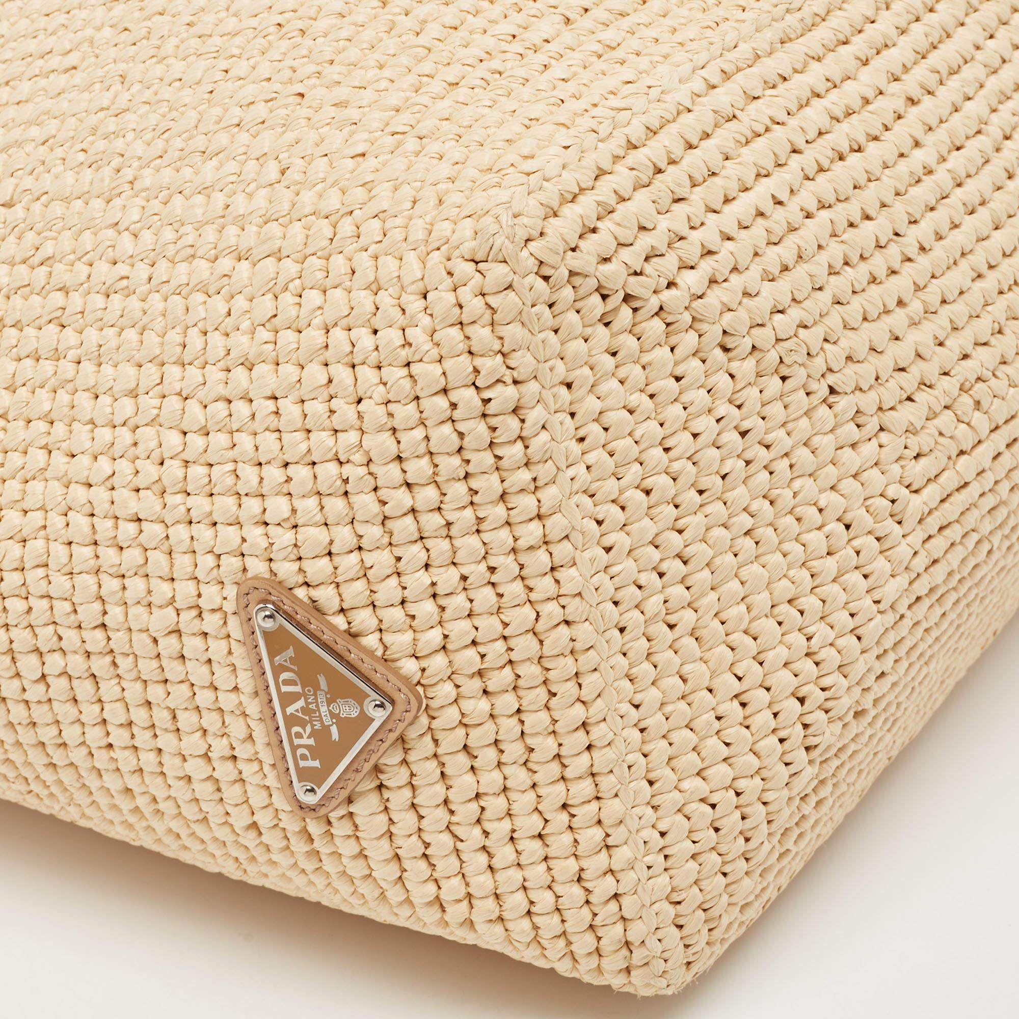 Prada White/Beige Crochet Straw and Leather Tote 1