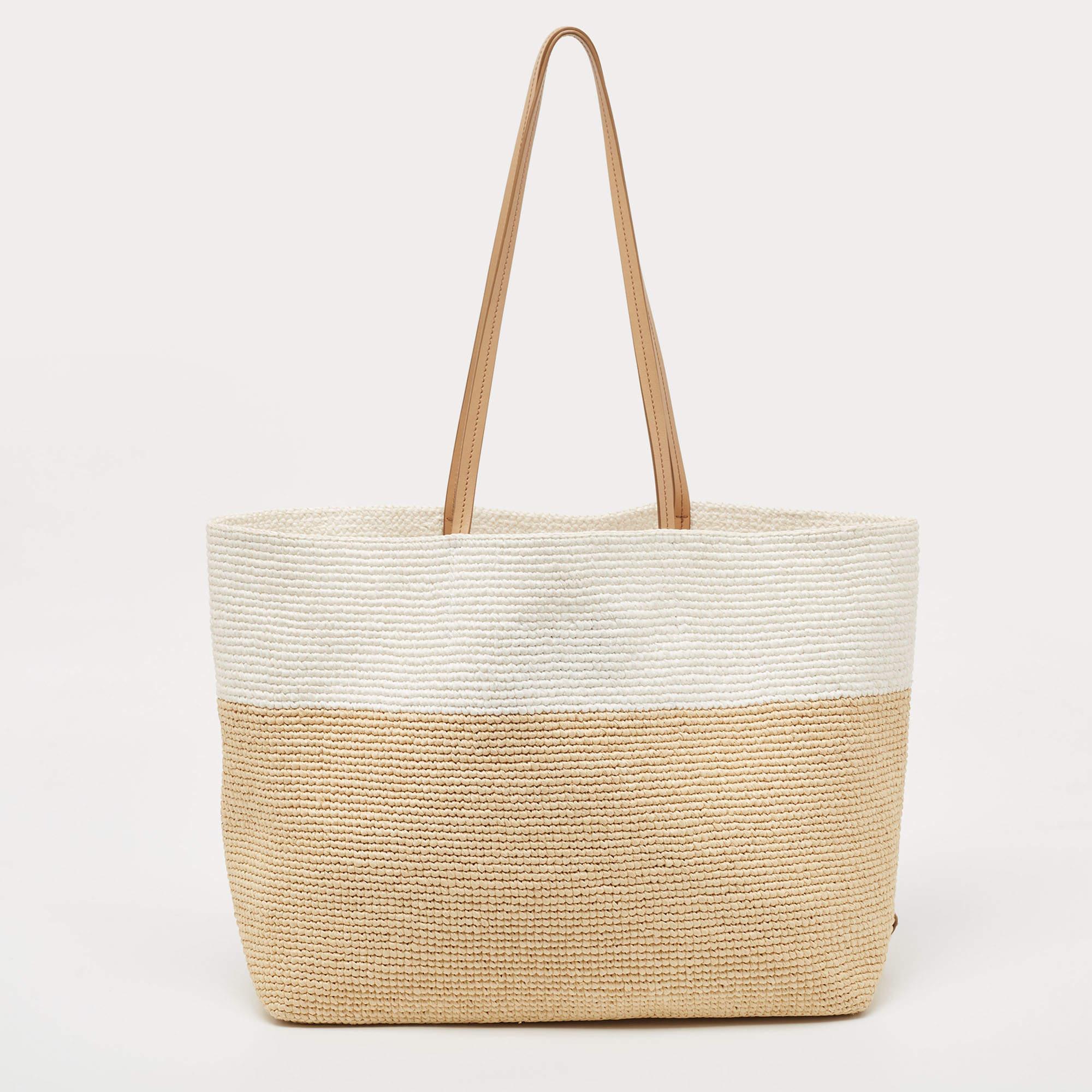 Prada White/Beige Crochet Straw and Leather Tote 3