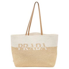 Prada White/Beige Crochet Straw and Leather Tote
