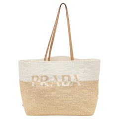 Prada - Fourre-tout en cuir et paille de crochet blanc/beige