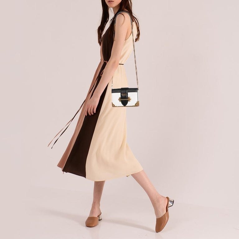 Beige Prada White/Black Leather Cahier Shoulder Bag