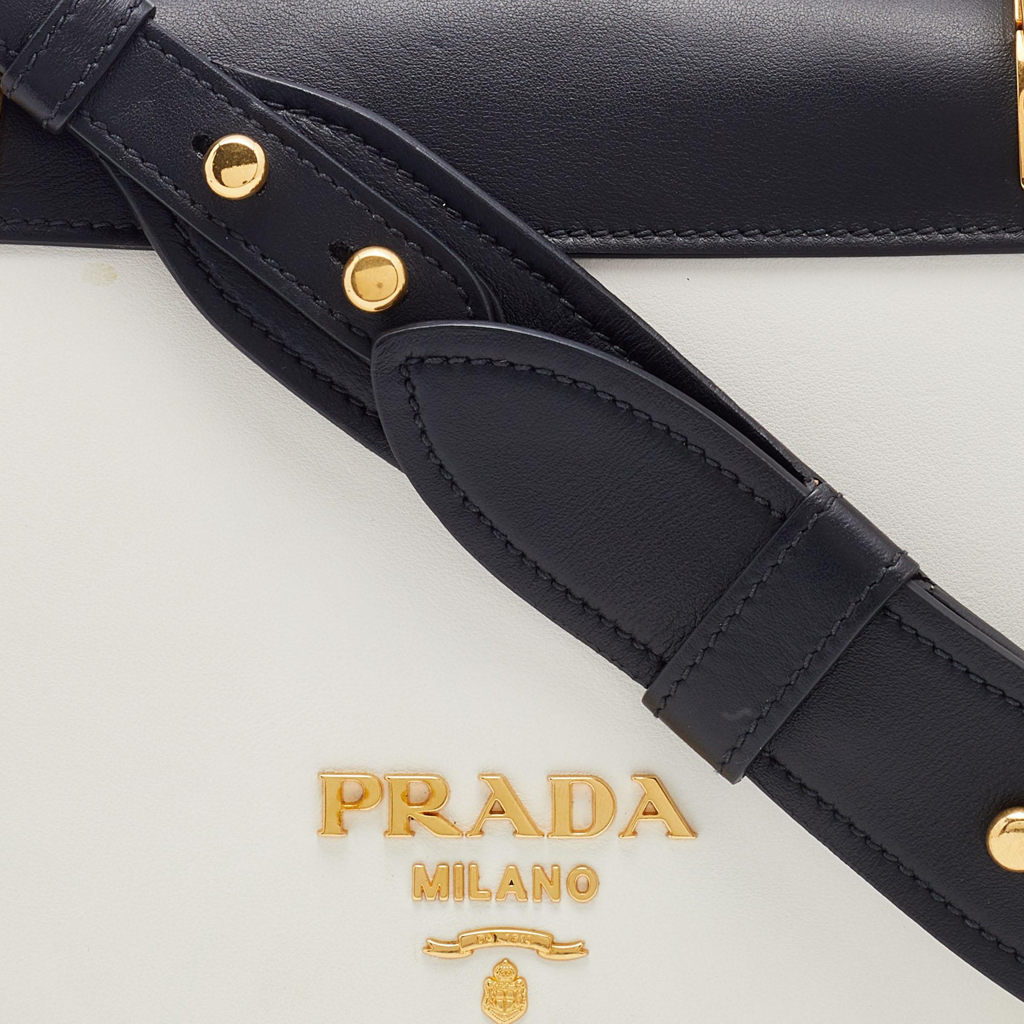 Women's Prada White/Black Leather City Calf Pionnière Saddle Bag