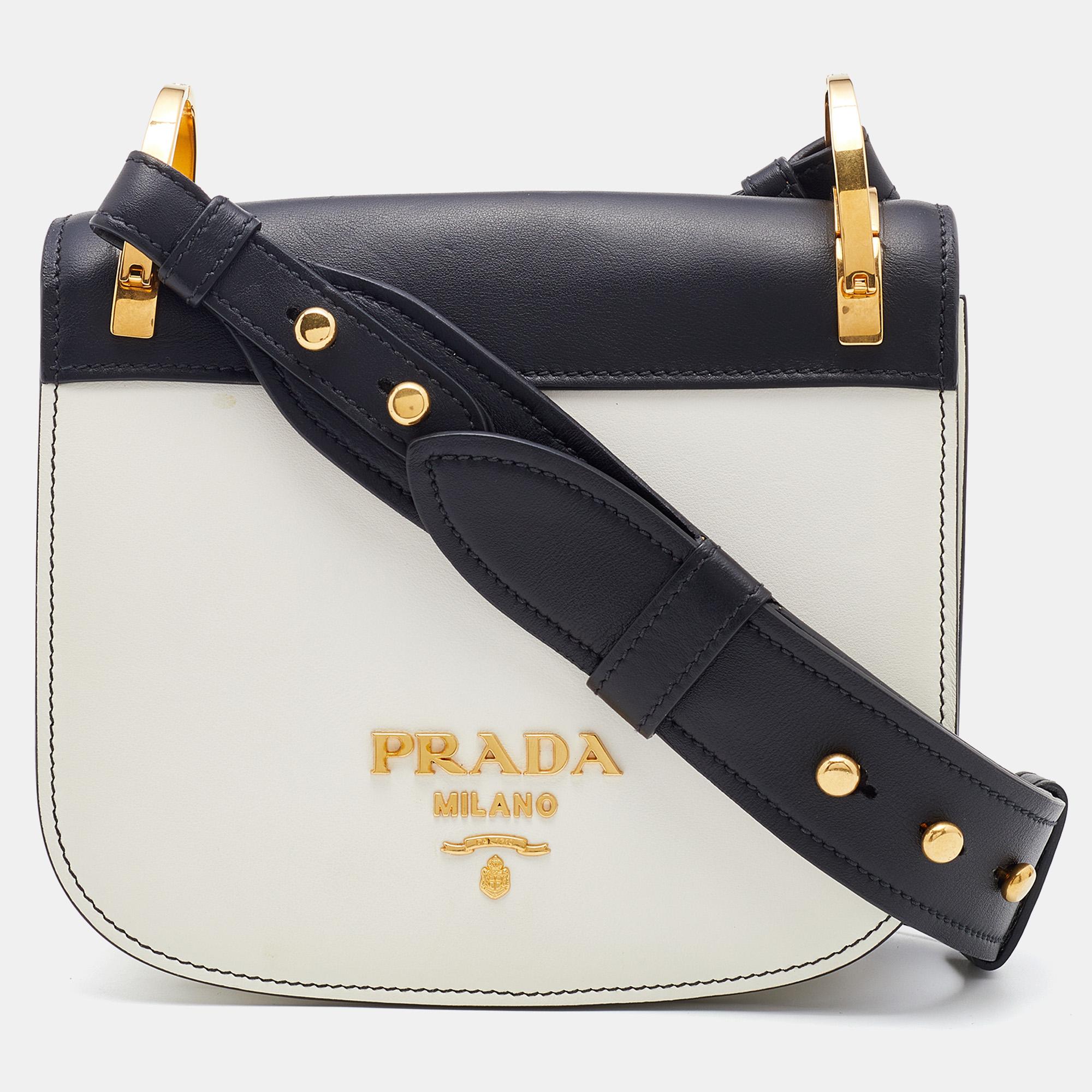 Prada White/Black Leather City Calf Pionnière Saddle Bag 3