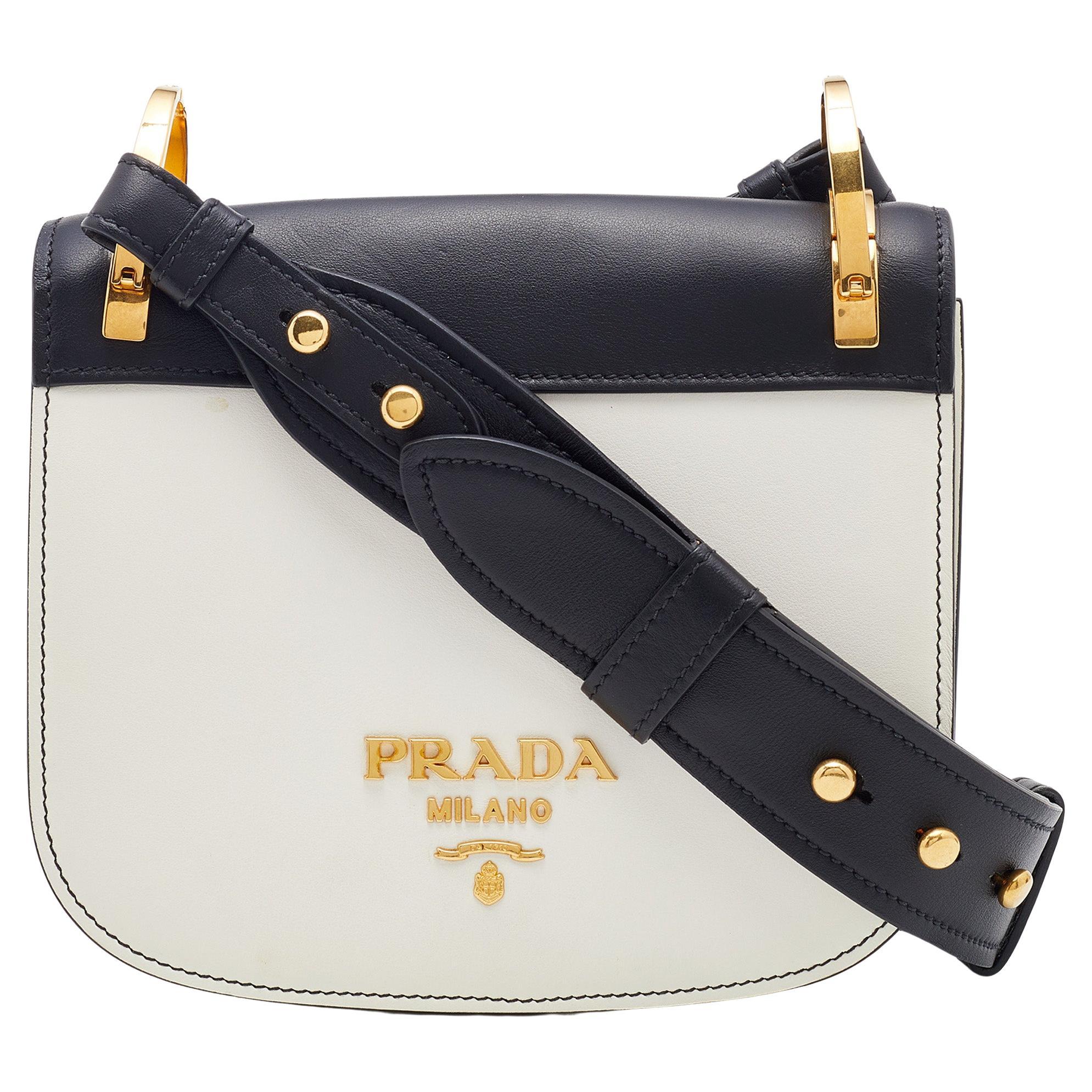 Prada White/Black Leather City Calf Pionnière Saddle Bag