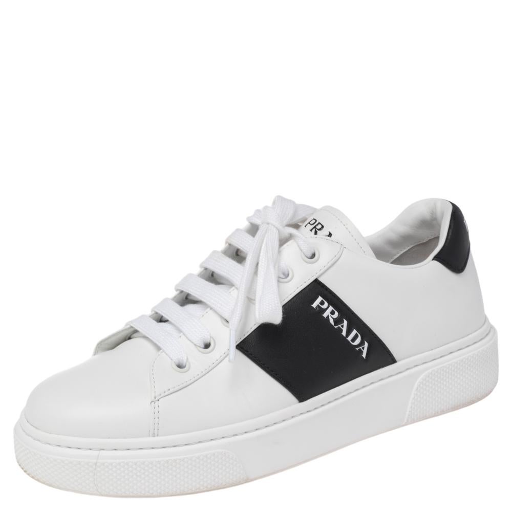 Prada White/Black Leather Low Top Sneakers Size 38 at 1stDibs