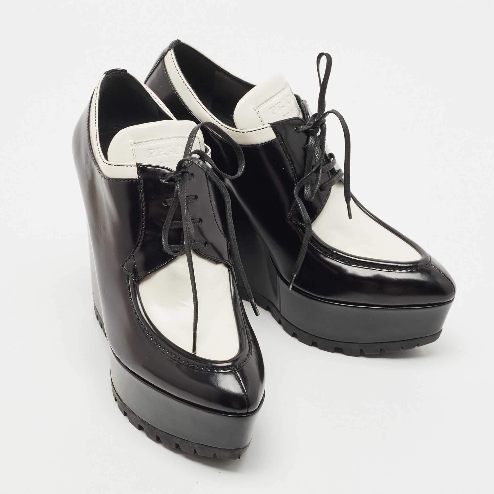 Prada White/Black Leather Platform Wedges Lace Up Derby Size 38 1