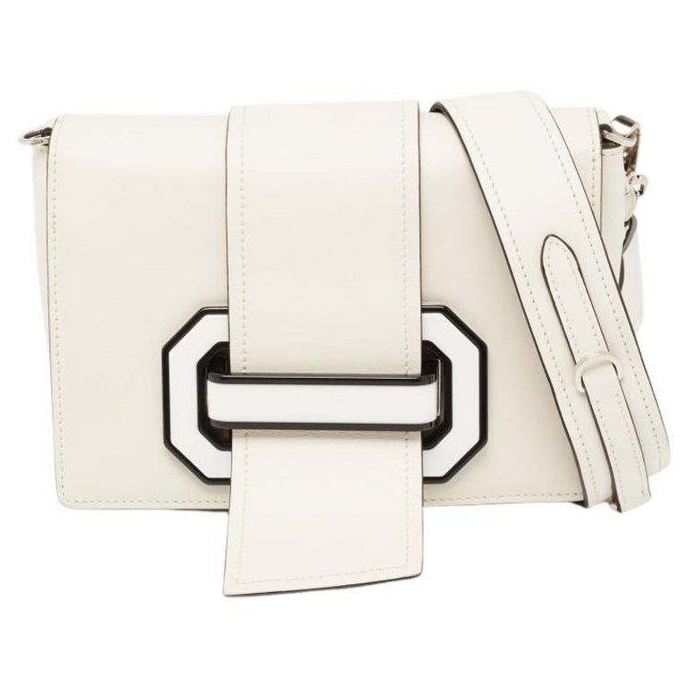 Prada White/Black Leather Plex Ribbon Flap Shoulder Bag For Sale