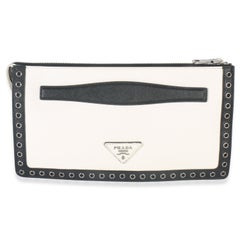 Prada White Black Saffiano Embroidered Eyelet Clutch