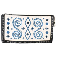 Prada White Black Saffiano Embroidered Eyelet Clutch