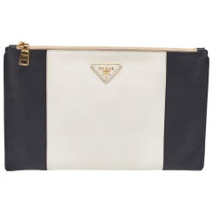 Prada White/Black Saffiano Leather Zip Clutch