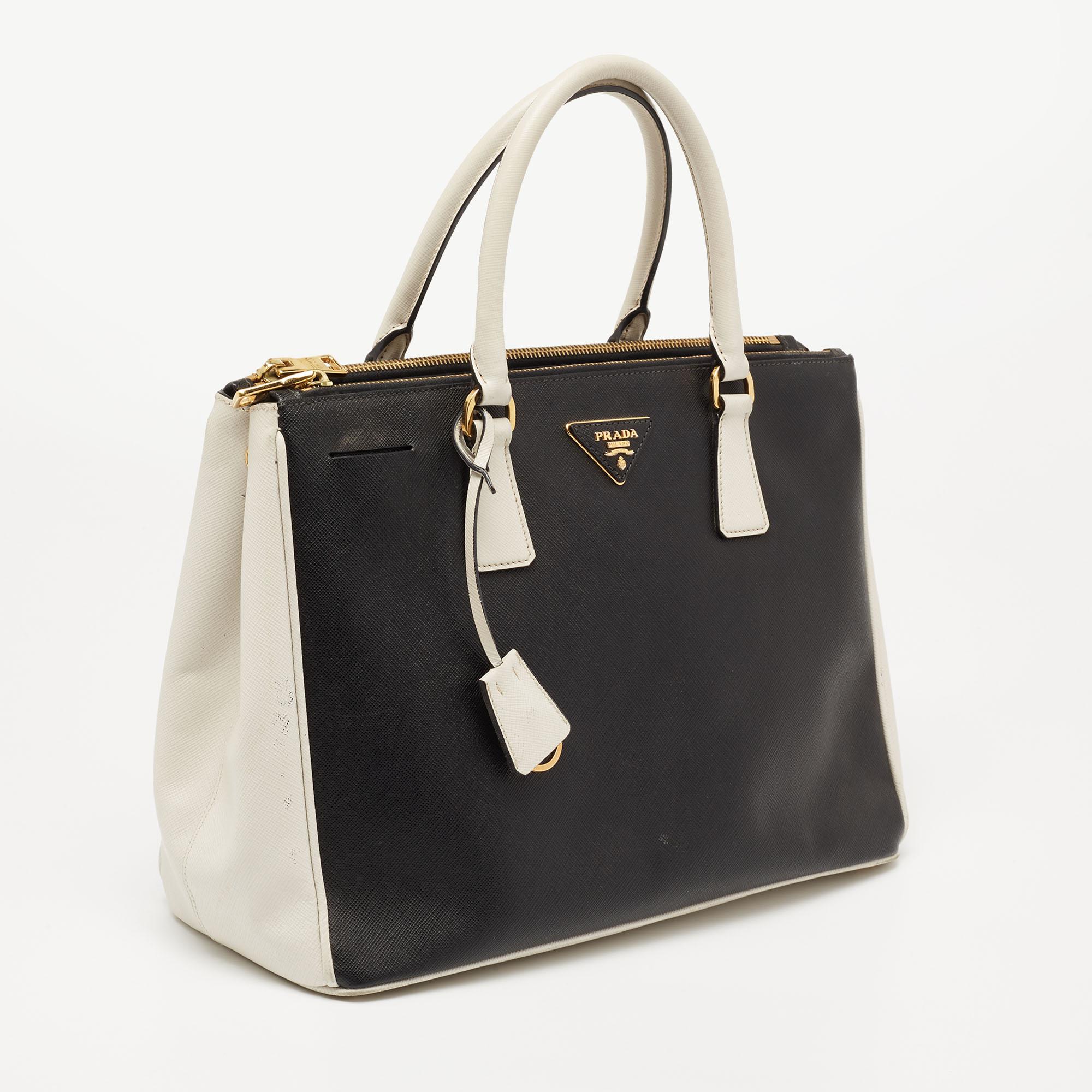 Women's Prada White/Black Saffiano Lux Leather Medium Double Zip Tote