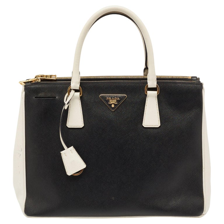 Prada White/Black Saffiano Lux Leather Medium Double Zip Tote For Sale at  1stDibs